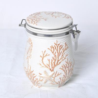 China Beige Ceramic JIA SHUN Home Tableware Hotel Sustainable Kitchenware Orange Seashell Emboss Airtight Food Storage Container for sale