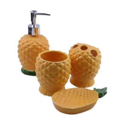 China Sustainable Wholesale Cheap Colorful Ceramic Pineapple Design Bathroom Set Accessories Set 4 Pieces for sale