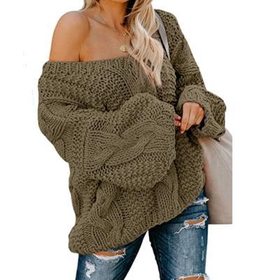 China 2022 Custom Women Anti-Wrinkle Off The Shoulder Long Sleeve V-Neck Cable Pullover Ribbed Sweater Loose Fitting Jumper Tops for sale