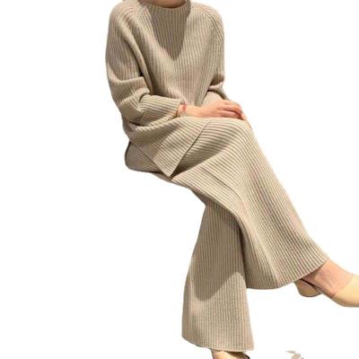 China Custom Knitted Sweater Women's Suit Solid Color Fashion Anti-wrinkle Winter Sweater With Wide Leg Pants Two Piece Set for sale