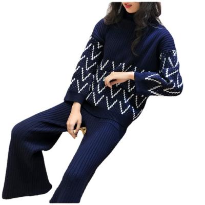 China Anti-Wrinkle Plus Size Sweater Women Sweater Lazy Wind Loose Style Wide Leg Pants Set Color Two Piece Women Knit Suit for sale