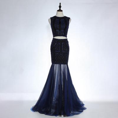 China Breathable Customized Blue Tulle Sweep Train Ladies Mermaid Formal Dresses Evening Party for sale