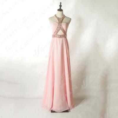 China Elegant Vestido De Noche 2020 Custom Made Anti-Static High-end Handmade Beaded Long Newcomers Dress Pink Halter Dress for sale