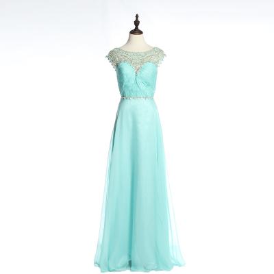 China Breathable Floor Length Green Banquet Wear Beaded Cap Sleeve Evening Dress Maxi for sale