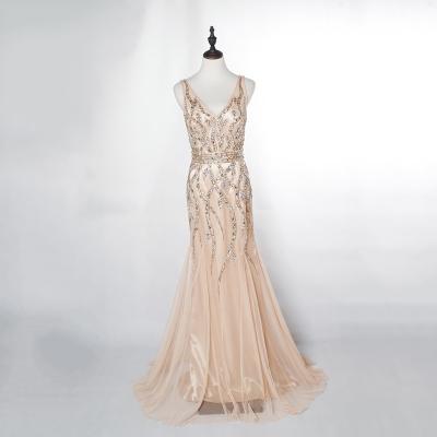 China Anti-Static Deep V Neckline Beaded Sequins Tulle Wear Long Elegant Evening Dresses Women for sale