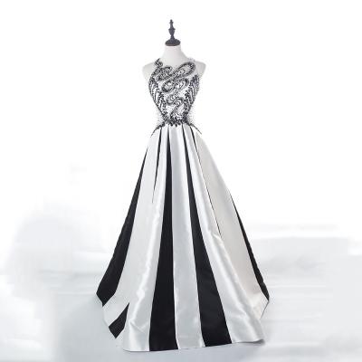 China ODM Anti-Static Custom Made Ladies Party Evening Black And White Satin Halter Long Prom Dress for sale