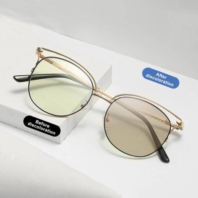 China Fashion SKYWAY Sunglasses Trendy Round Glass Hollow Out Cat Eye Frame Anti Blue Metal Eye Blocking Photochromic Lenses for sale