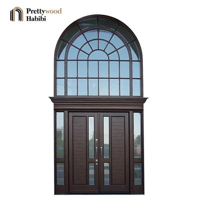 China Prettywood Waterproof Luxury House Exterior Solid Wood Extra Height Double Opening Front Entry Main Door for sale