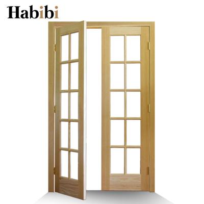 China Prettywood Lattice Front Doors Wood Frame French Door Solid Glass Classic Design Modern Interior Exterior Interior Solid Glass Patio Swing for sale