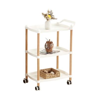 China Industrial PP plastic rack 3 tier cheap kitchen living room food storage cart wooden rolling cart for sale