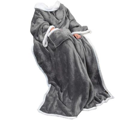 China Wearable 2 Layer Flannel Fleece Ultra Soft Sherpa Wearable With Cozy Covering TV Sleeves Cozy Blanket for sale