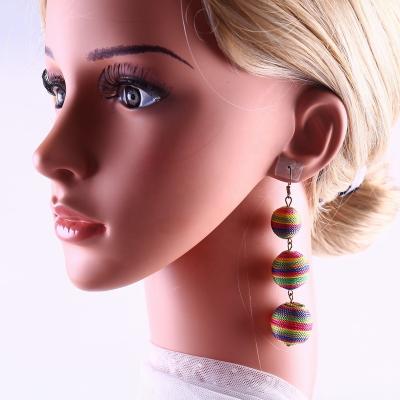 China Fashion Hot Selling Wax Rope Handmade Braided Silk Thread Earrings Hot Sale Triple Ball Pom Pom Earrings for sale