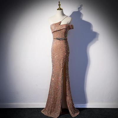 China 2021 new autumn banquet gold high-end female celebrity anti-static temperament gold banquet party host fishtail dress long for sale