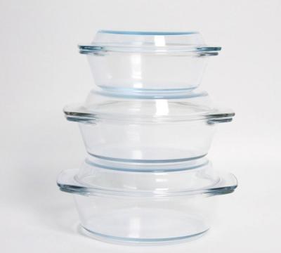 China Family Kitchen 3 Piece 1.4+1+0.65L Set Glass Tray Casserole Deep Dish With Clear Round Baking Lid Bakeware for sale