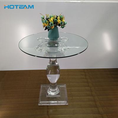 China Clear Blue Glass Top Pedestal Base Design Center Acrylic Table Easy To Clean for sale