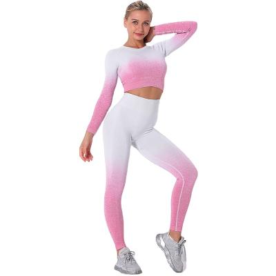 China Breathable Women Yoga Set Apparel Gym Ombre Seamless Gradient Leggings Long Sleeve Workout Sweatsuit Top Women Fitness Set Active Wear for sale