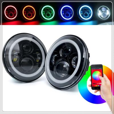 China Perfect 7 inch LED Headlights RGB Halo Ring Angel Eyes 7” Round Multicolor DRL Bluetooth Remote Control for Jeep Wrangle for sale