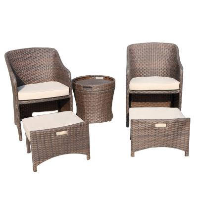 China Eco-freindly 5pc Small Resin Wicker Furniture Patio Set PE Rattan Outdoor Chat Set Set with Armchair Stool Cushion and Table for sale