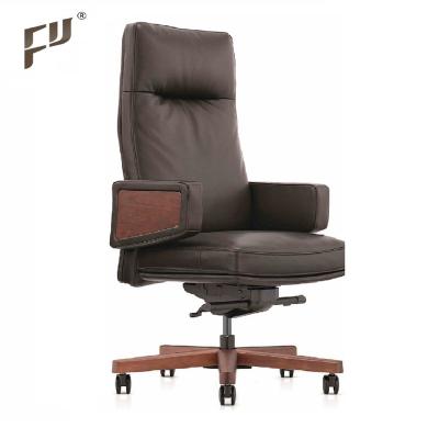 China Chair Swivel High Wooden Back Boss Base FURICCO Armrest Executive Office Rotation Genuine Leather Chair for sale