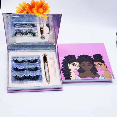 China Wholesale natural long lashes book with tweezers and eyeliner box eyelash set custom packaging for sale