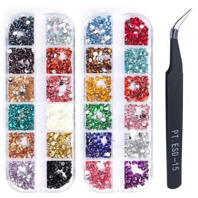 China Multicolor Flatback Crystal 12 Grids 3mm Grids 12 Stones Flatback Silver Red Green Blue Silver Crystals Nails Rhinestones Set for sale