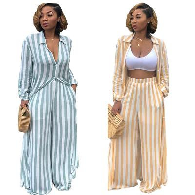 China Summer Breathable Stripe Casual Loose Pockets Wide Leg Pant Suits And Long Shirt Tops Two Piece Outfit For Women for sale