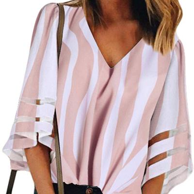 China LLDRESS Hot Sale Mesh Stitching Flared Sleeve Striped Anti-pilling V-Neck Printed Shirt One Piece For Women for sale