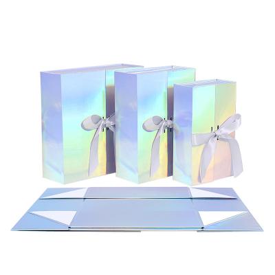 China Recycled Materials Holographic Gift Box With Magnetic Double Sided Lid For Bridesmaid Groomsmen Proposal Ribbon Present Packaging Custom Logo for sale