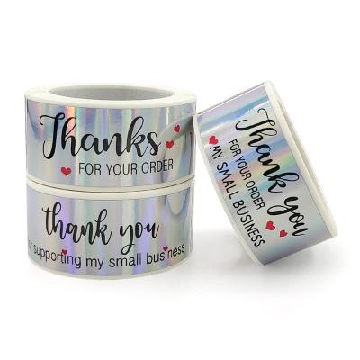 China Holographic Shipping Labels Thank You Stickers Roll With Black Font Waterproof Packaging For Business Boutiques Retailer 120pcs Per Roll for sale