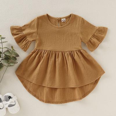 China Anti-static Summer Casual Toddler Babies Dresses Kids Solid Short Infant Cotton Sleeve Rocket Canvas Dress for sale