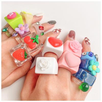 China Other Cherry Heart Geometric Square Resin Ring Y2K Acrylic Jewelry Big Chunky Rings Set Fashion Strawberry Flower Finger For Women for sale