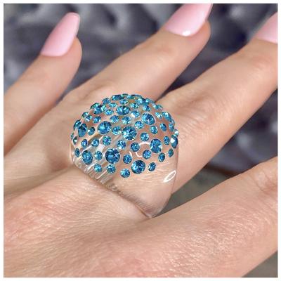 China Trendy Fashion Jewelry Round Resin Ring Chunky Dome Shaped Iridescent Rhinestone For Woman Trendy Clear Acetate Cocktail Unique Ring for sale