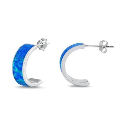 China FASHIONABLE Hot Selling Fine 925 Sterling Silver Shiny Square C-shape Blue Lab Created Opal Post Half Hoop Earrings For Women Girls for sale