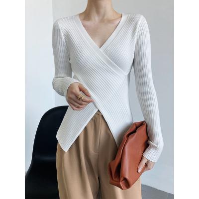 China Anti-Wrinkle Stock Factory Custom Women's Fall V-Neckline Cross-Knit Sweater Slim Fit Basing Basic Fall Pullovers Pullover Basic Sweater for sale