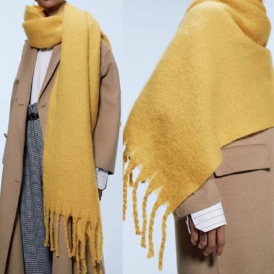 China Wholesale Warm Scarf Women's Long Thickened Cashmere Shawl Autumn Winter Beard Solid Color Knitted Basic Scarf for sale