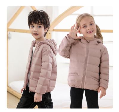 China Duck Down Waterproof Children's Long Sleeve Colorful Zipper High Density Lightweight Hooded White Fabric Down Jacket High Volume for sale