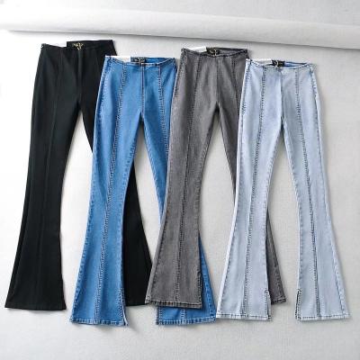 China Wholesale Anti-wrinkle women's side zipper waist denim top flared new pants stitching sexy jeans street split loungewear for sale