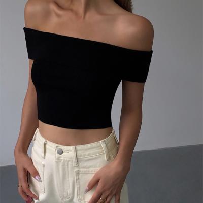 China New Breathable Women's One Shoulder Knitted T-shirt Elasticity Navel Dress One-Shoulder High Neckline Top Full Length for sale