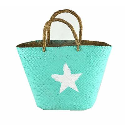 China NATIONAL Summer Printing Star Tote Bag Women Travel Straw Weave Shopping Beach Bag for sale