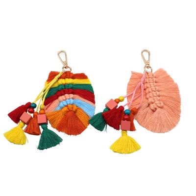 China Durable Hot Sale Boho Cotton Key Chain Handmade Colorful Tassel Leaves Braided Rope Keychains for sale