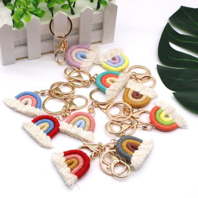 China New Design Durable Handmade Multicolor Tassel Woven Key Chain Boho Cotton Rainbow Tassel Woven Key Chain for sale