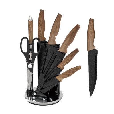 China New Design Sustainable 8 Pieces High Quality Carbon Stainless Steel Kitchen Knife Sets Black Knife Set With Wooden Handle for sale