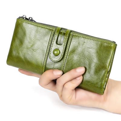 China 2021 Hot Selling Oil Waterproof Wax RFID Ladies Wallets Genuine Leather Luxury Multifunctional Luxury Women Wallet Bags Coin Purse Long for sale