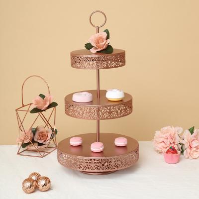 China Modern 3 Tier Luxury Metal Rose Gold Cake Display Stands for Wedding Cakes for sale