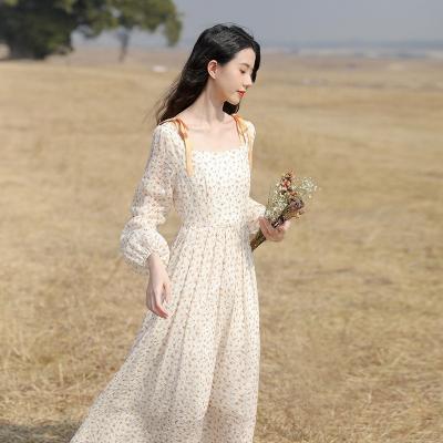 China 2021 Summer Women's New Sweet Wind Chiffon Anti-static Forest Blow Skirt Flower Elegant Classy Dress Long Sleeve for sale