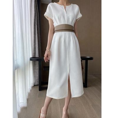 China 2021 anti-static new black white skirt waist slimming long design elegant casual dresses with slit for women with slit for sale