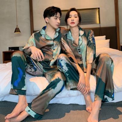 China Ladies Long Summer High Quality Comfortable Fashionable Breathable Sleepwear 2 Sleeve Women Men Homewear Thin Silk Pajama Set for sale