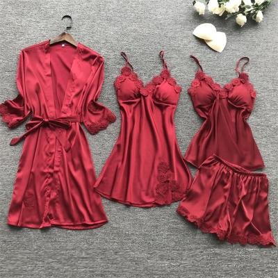 China Breathable Wholesale Women Four Piece Lace Up Elegant Silk Satin Sleepwear Pajamas Set for sale