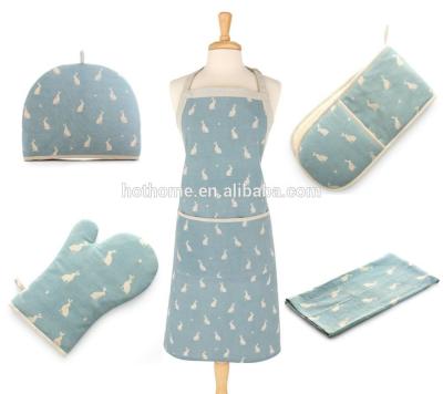 China OEM washable high quality custon printed oven mitt hat apron 5pcs kitchen apron set for sale