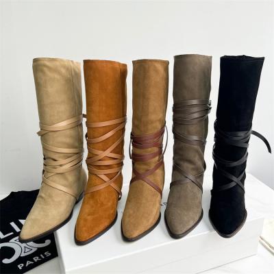 China Fashion trend designer high quality luxury shoes tie pointed boots women's boots cowboy boots retro new high for sale